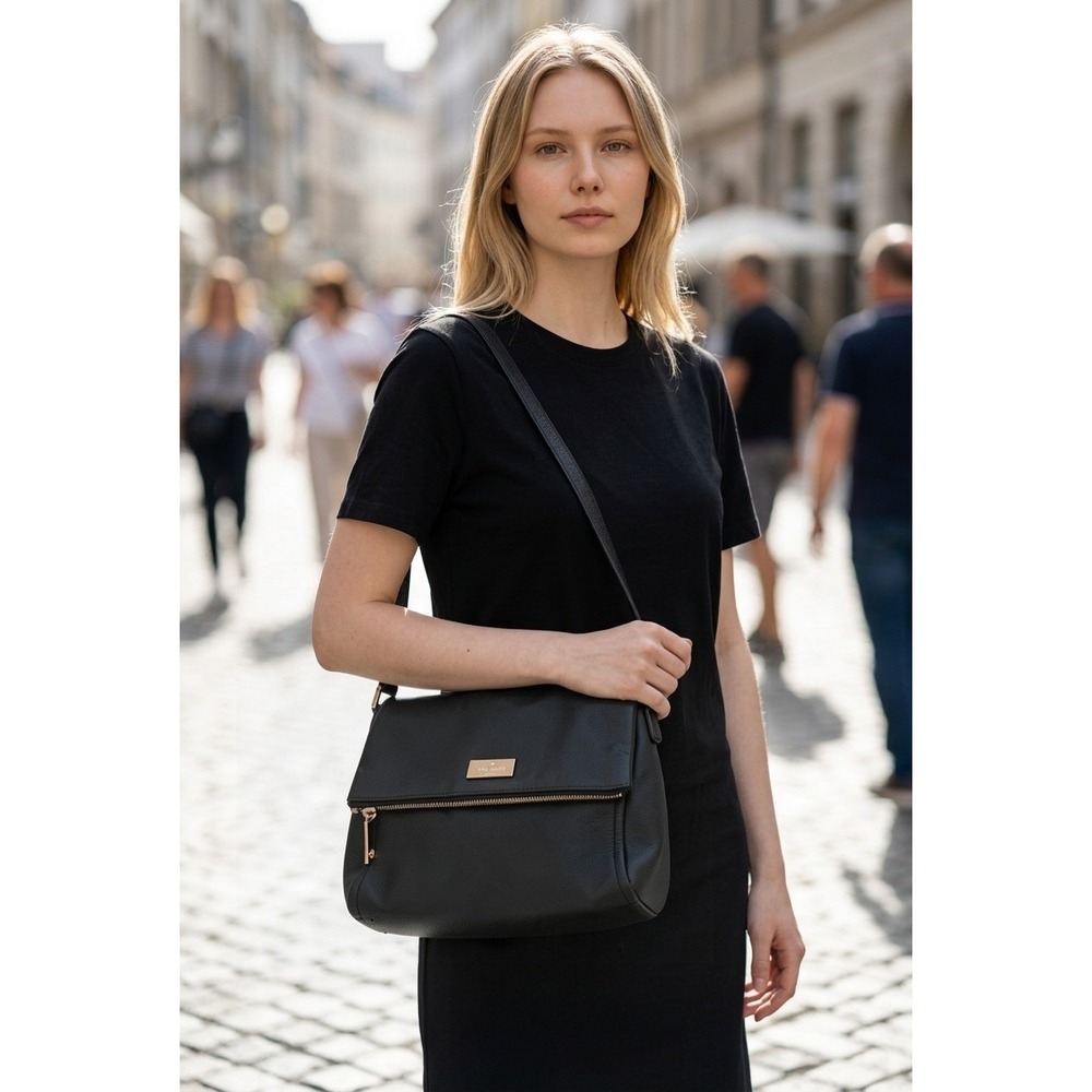 Kate Spade New York Black Pebbled Leather Foldover Shoulder Bag Gold Hardware
